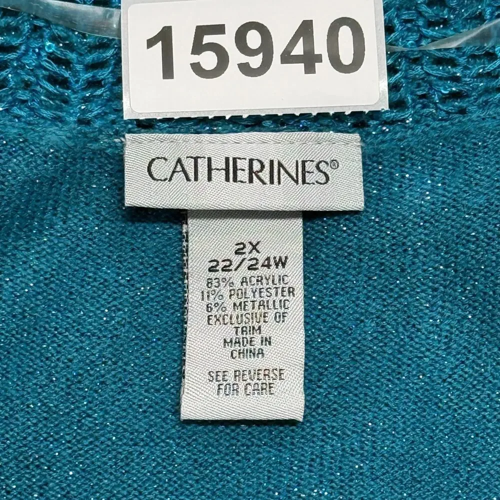 Catherines Sweater 2X 22-24W Teal Blue Green Metallic Sequin Open Knit‎ Neckline